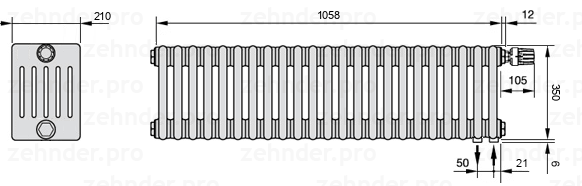 Схема (чертеж) Радиатор Zehnder Charleston 6035/23 №V002 Белый глянцевый RAL 9016